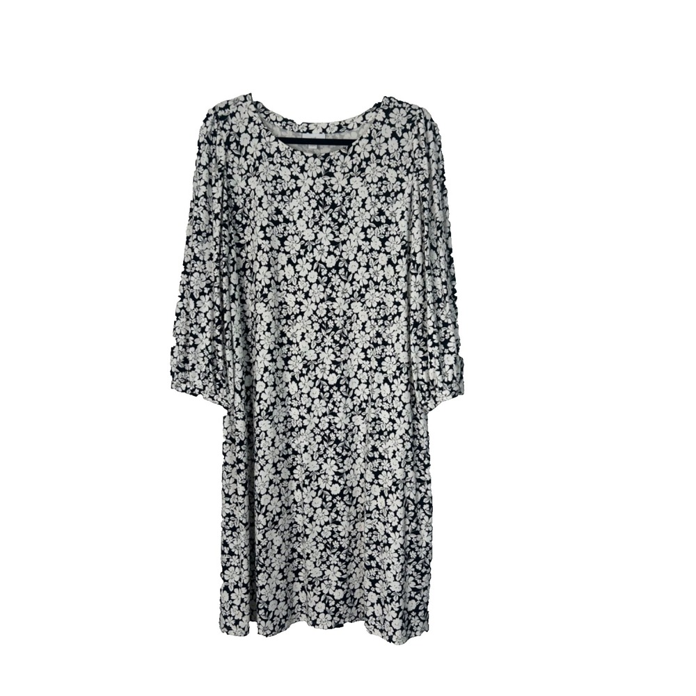 J Jill Shift Dress Size L Black White Floral Print Long Balloon Sleeve Crew Neck